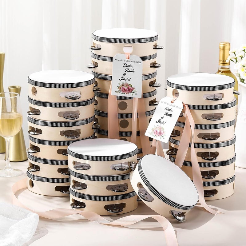 Lukmaa 24 Set 6 Inch Tambourine for Adults Tambourines Bulk Wooden Hand Held Drum with Metal Jingles, Gift Tags, Beige Ribbon Percussion Gift Musical Instrument for Church Wedding Party Favor - Image 1